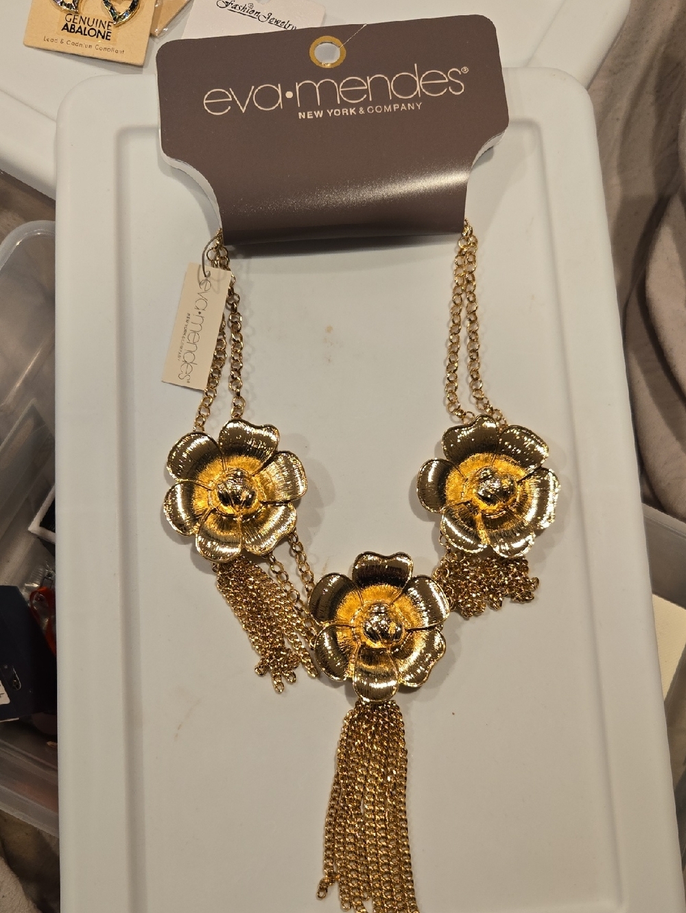 eva mendes for New York & Company Gold Floral Tassel Necklace